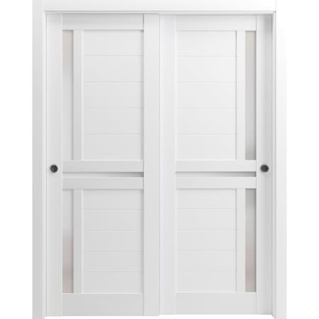Sartodoors Sturdy Barn Door 30 x 80in, Nordic White W/ Frosted Glass, 6.6FT Rail Hangers Heavy Hardware Set QUADRO4445BD-B-NOR-30
